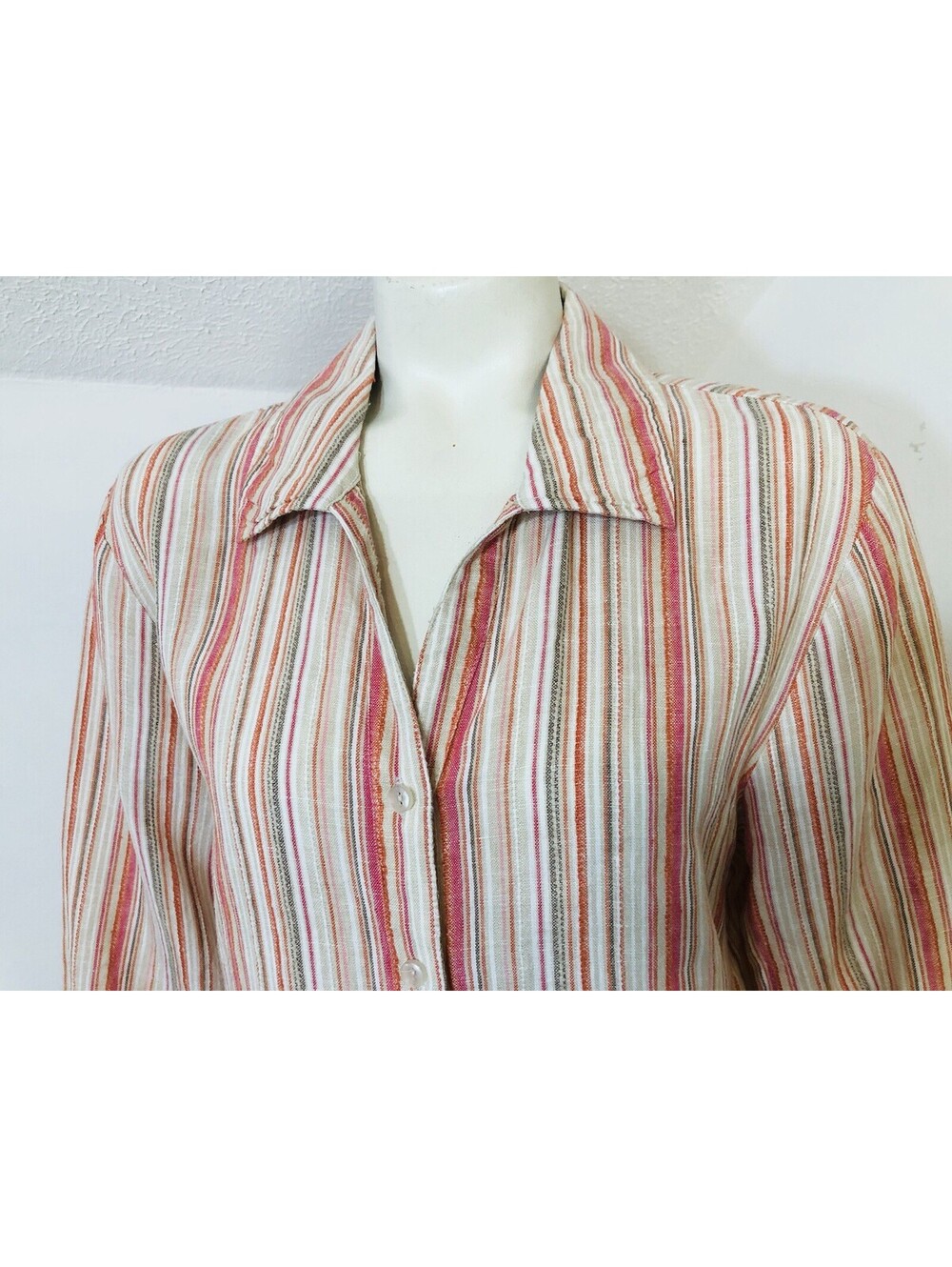 JM Collection Womens 16 Linen Blouse Multicolor Stripe 3/4 Sleeves Collar - Picture 2 of 8